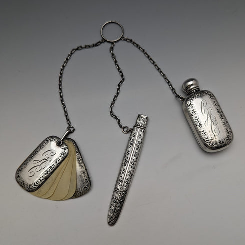 Late 19th Century American Antique Sterling Silver Chatelaine Bottle, Memo, Pencil