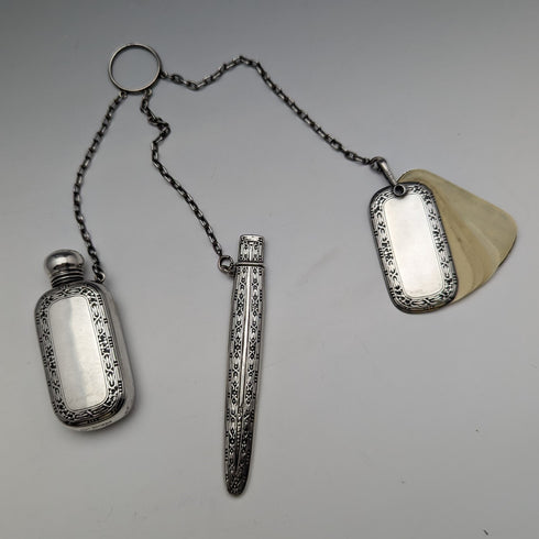 Late 19th Century American Antique Sterling Silver Chatelaine Bottle, Memo, Pencil