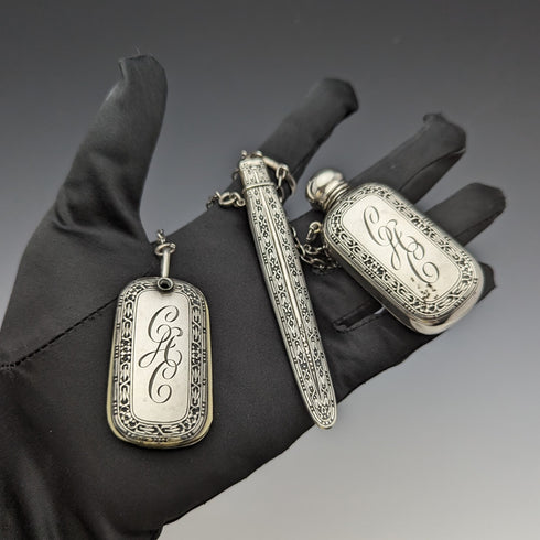 Late 19th Century American Antique Sterling Silver Chatelaine Bottle, Memo, Pencil
