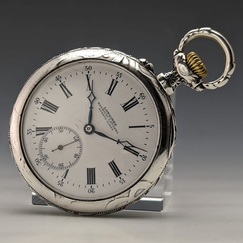Around 1904 Antique Longines pocket watch with horse engraving silver side open face works well