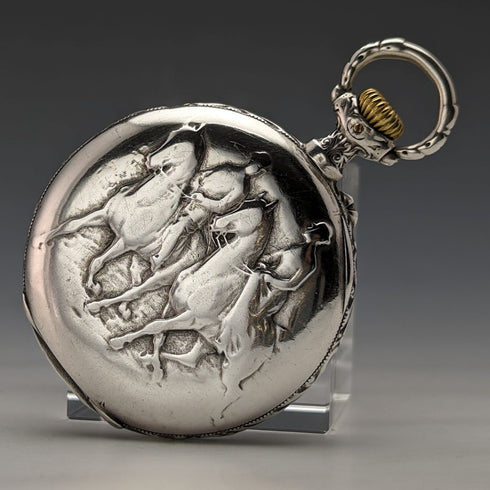 Around 1904 Antique Longines pocket watch with horse engraving silver side open face works well