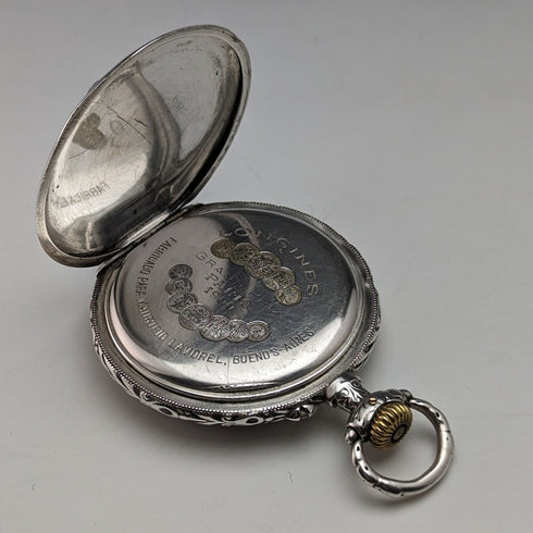 Around 1904 Antique Longines pocket watch with horse engraving silver side open face works well