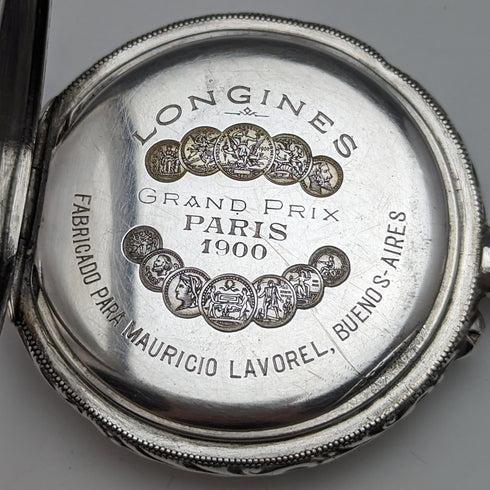 Around 1904 Antique Longines pocket watch with horse engraving silver side open face works well