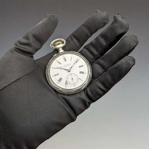 Around 1904 Antique Longines pocket watch with horse engraving silver side open face works well