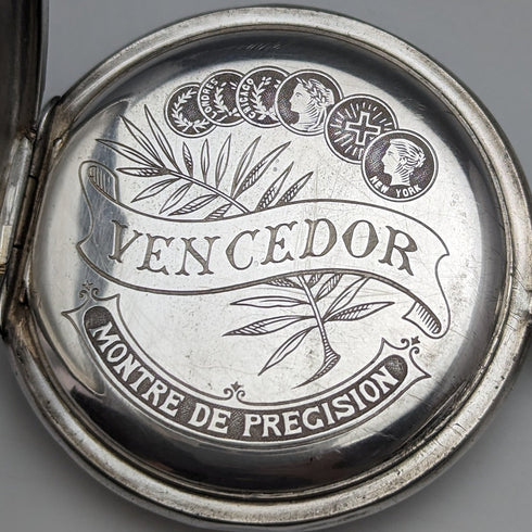 Early 20th century Antique Swiss Vencedor pocket watch Butterfly engraving silver side case Works well