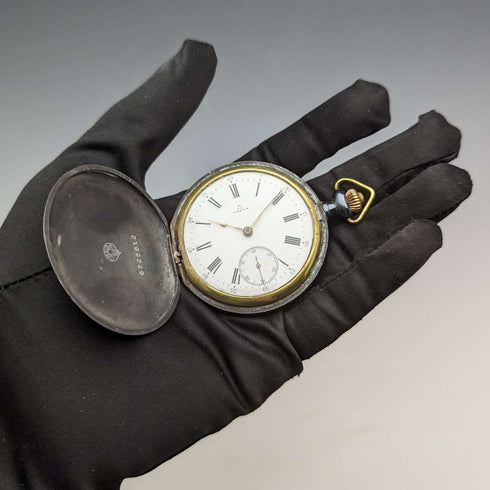circa 1923 antique omega pocket watch gunmetal hunter case works well