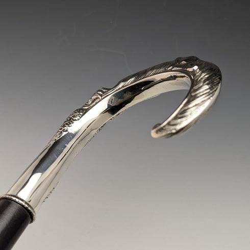 1989 年英國製造狐狸和野雞裝飾純銀弧形手柄男士手杖 86 厘米 Broadway & Co