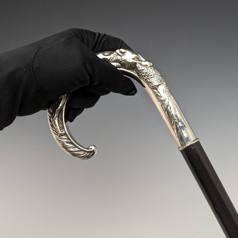 1989 年英國製造狐狸和野雞裝飾純銀弧形手柄男士手杖 86 厘米 Broadway & Co