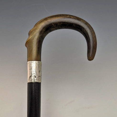 1927 年英國復古男式手杖純銀裝飾弧形牛角手柄 92 厘米