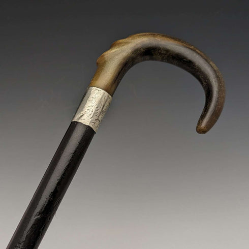1927年 英国ヴィンテージ 紳士用ステッキ 杖 純銀装飾 曲がりホーンハンドル 92cm