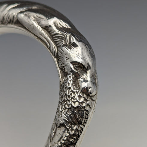 1989 年英國製造狐狸和野雞裝飾純銀弧形手柄男士手杖 86 厘米 Broadway & Co