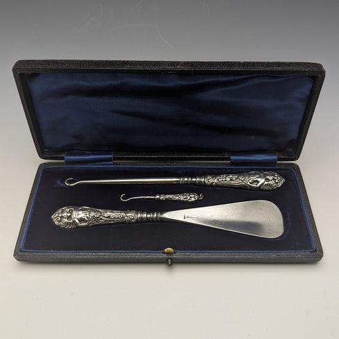 1903 British Antique Sterling Silver Handle Shoehorn Button Hook x2 Set Crisford & Norris