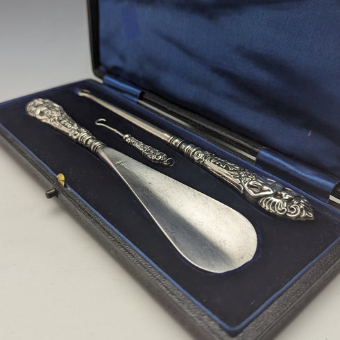 1903 British Antique Sterling Silver Handle Shoehorn Button Hook x2 Set Crisford & Norris