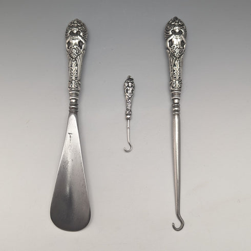 1903 British Antique Sterling Silver Handle Shoehorn Button Hook x2 Set Crisford & Norris