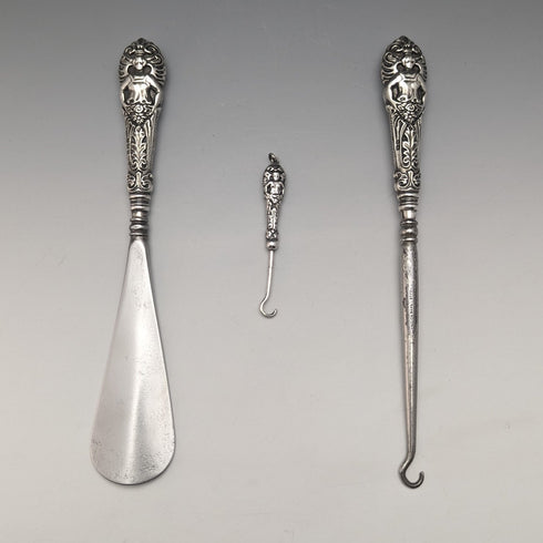1903 British Antique Sterling Silver Handle Shoehorn Button Hook x2 Set Crisford & Norris