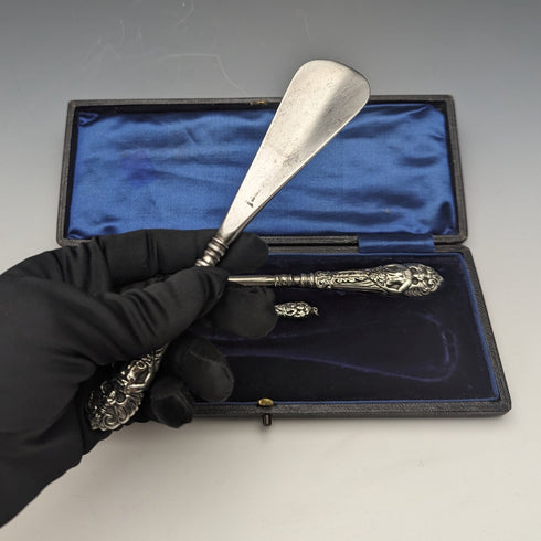 1903 British Antique Sterling Silver Handle Shoehorn Button Hook x2 Set Crisford & Norris