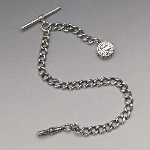 1890年頃 英国アンティーク 純銀製アルバートチェーン 25g 純銀コンパスフォブ