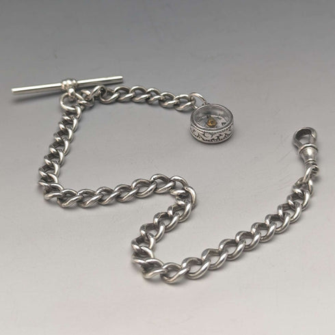 Circa 1890 British Antique Sterling Silver Albert Chain 25g Sterling Silver Compass Fob