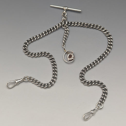 1910年頃 英国アンティーク 純銀製ダブルアルバートチェーン 37g 純銀&琥珀フォブ