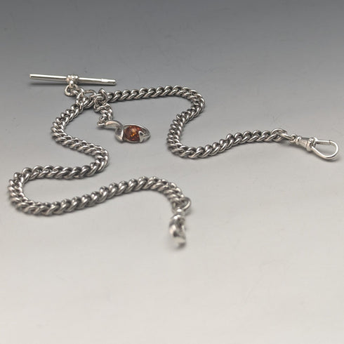 1910年頃 英国アンティーク 純銀製ダブルアルバートチェーン 37g 純銀&琥珀フォブ