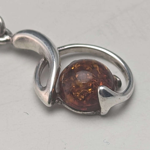 Circa 1910 British Antique Sterling Silver Double Albert Chain 37g Sterling Silver & Amber Fob