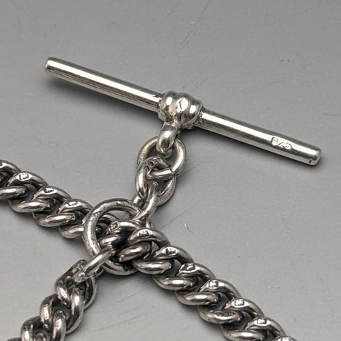 1910年頃 英国アンティーク 純銀製ダブルアルバートチェーン 37g 純銀&琥珀フォブ