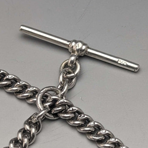 Circa 1910 British Antique Sterling Silver Double Albert Chain 37g Sterling Silver & Amber Fob