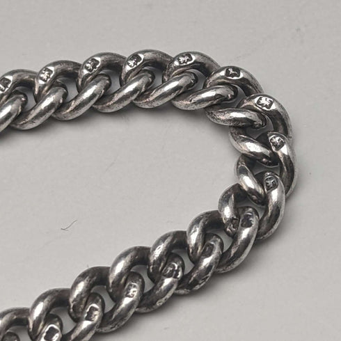 Circa 1910 British Antique Sterling Silver Double Albert Chain 37g Sterling Silver & Amber Fob