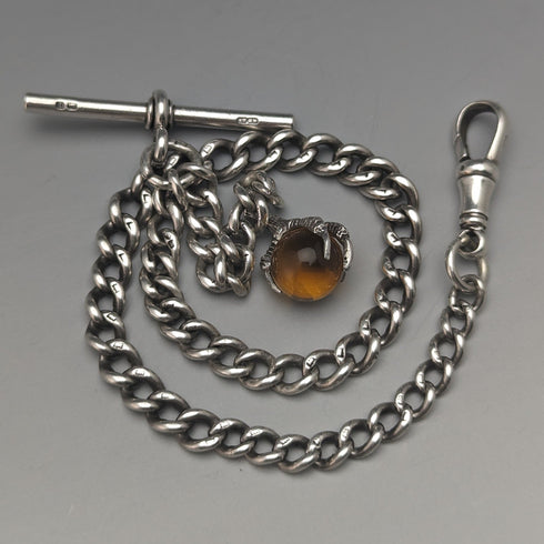 Circa 1925 British Antique Sterling Silver Albert Chain 25g Claw & Bowl Fob