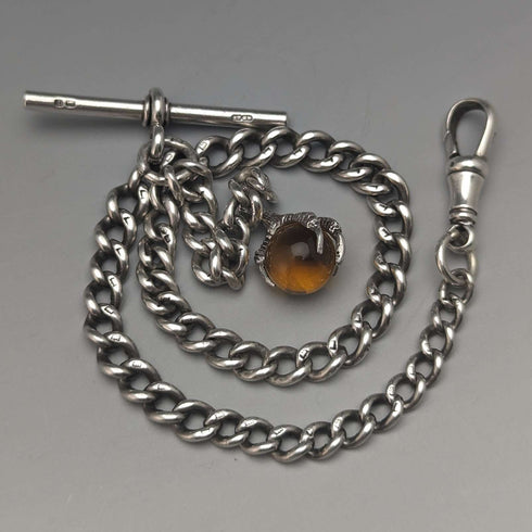 Circa 1925 British Antique Sterling Silver Albert Chain 25g Claw & Bowl Fob