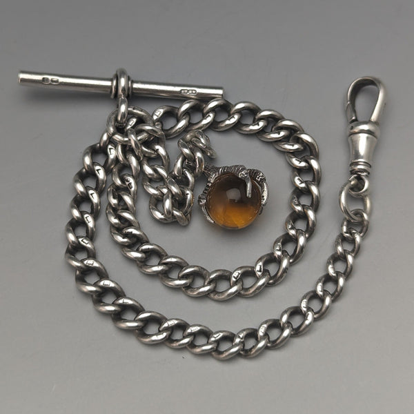 Circa 1925 British Antique Sterling Silver Albert Chain 25g Claw & Bowl Fob