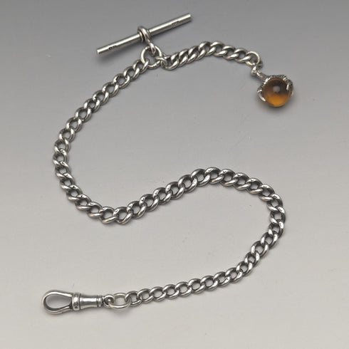 Circa 1925 British Antique Sterling Silver Albert Chain 25g Claw & Bowl Fob