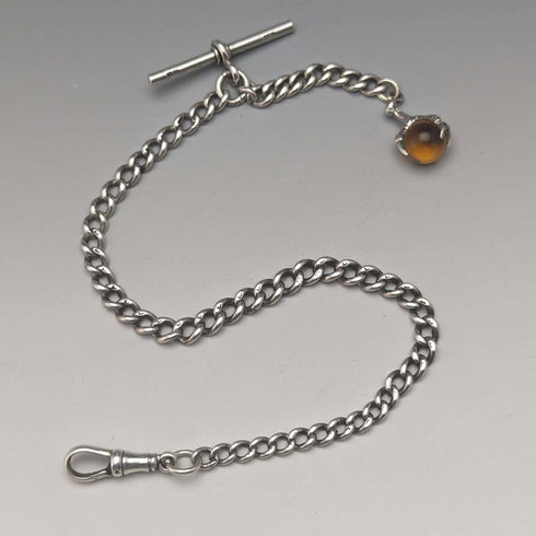 Circa 1925 British Antique Sterling Silver Albert Chain 25g Claw & Bowl Fob