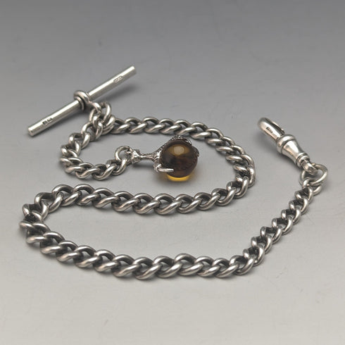 Circa 1925 British Antique Sterling Silver Albert Chain 25g Claw & Bowl Fob