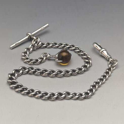 Circa 1925 British Antique Sterling Silver Albert Chain 25g Claw & Bowl Fob