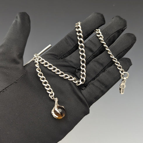 Circa 1925 British Antique Sterling Silver Albert Chain 25g Claw & Bowl Fob