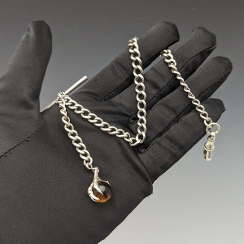 Circa 1925 British Antique Sterling Silver Albert Chain 25g Claw & Bowl Fob