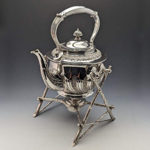 Circa 1900 British Antique Silver Plated Kettle & Burner Stand Set Walker & Hall