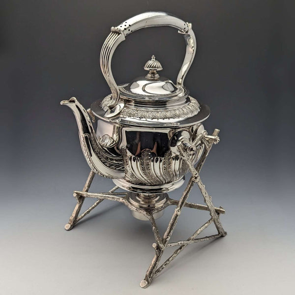 約 1900 年英國古董鍍銀水壺和燃燒器支架套裝 Walker & Hall