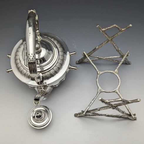 Circa 1900 British Antique Silver Plated Kettle & Burner Stand Set Walker & Hall