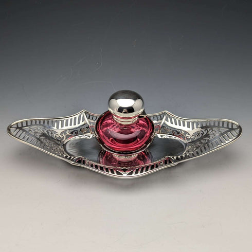 1896 British Antique Sterling Silver Inkwell and Saucer Set Sibray, Hall