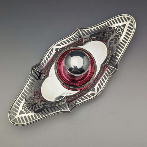 1896 British Antique Sterling Silver Inkwell and Saucer Set Sibray, Hall