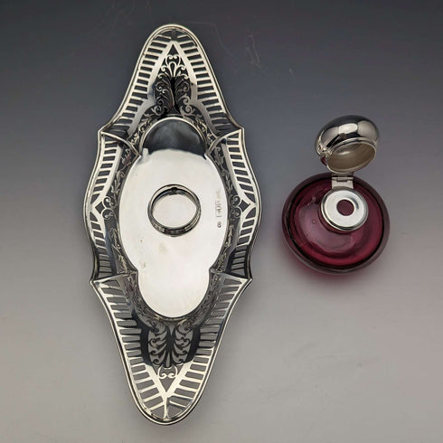 1896 British Antique Sterling Silver Inkwell and Saucer Set Sibray, Hall