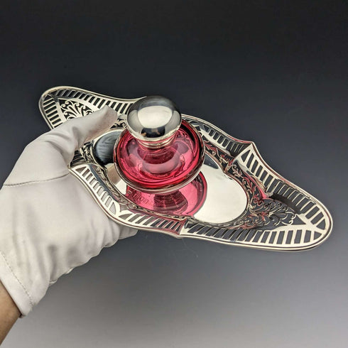 1896 British Antique Sterling Silver Inkwell and Saucer Set Sibray, Hall