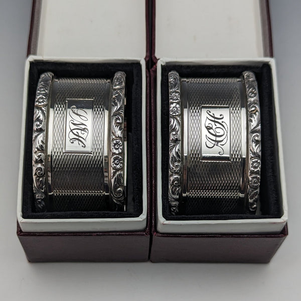 Circa 1960 British Vintage Sterling Silver Napkin Ring Pair Mappin & Webb Paper Box
