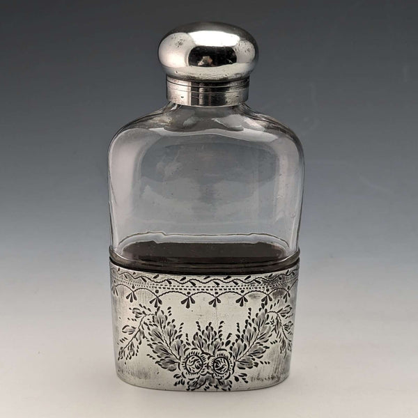 Late 19th century British antique silver plate decoration glass skittle hip flask