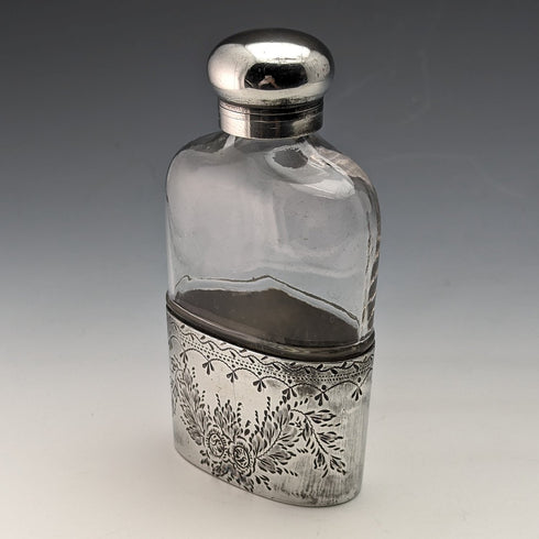 Late 19th century British antique silver plate decoration glass skittle hip flask