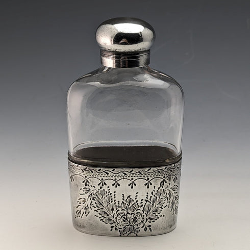 Late 19th century British antique silver plate decoration glass skittle hip flask