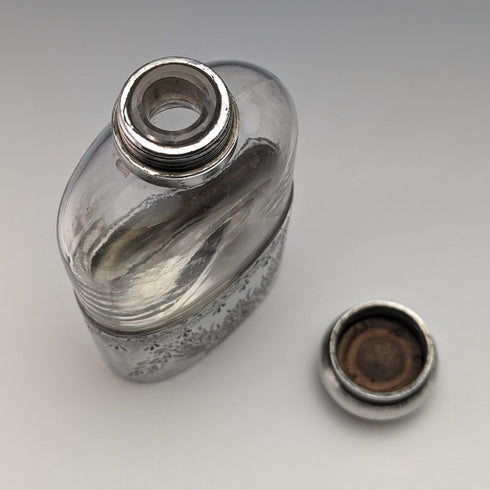 Late 19th century British antique silver plate decoration glass skittle hip flask