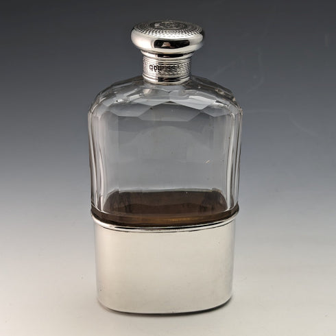 1900 British Antique Sterling Silver Lid Glass Skittles Hip Flask Mappin Brothers